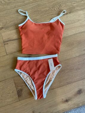 Geode Swimwear Coral Red Ribbed Two-Piece Tankini Set with White Trim